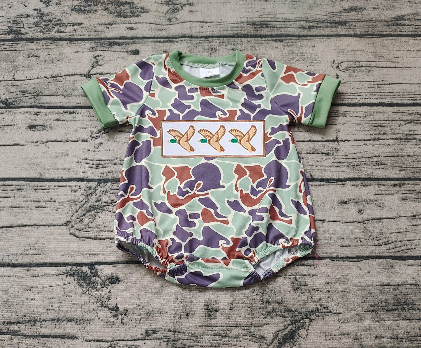 Baby Infant Boys Green Camo Ducks Short Sleeve Rompers preorder SR2011