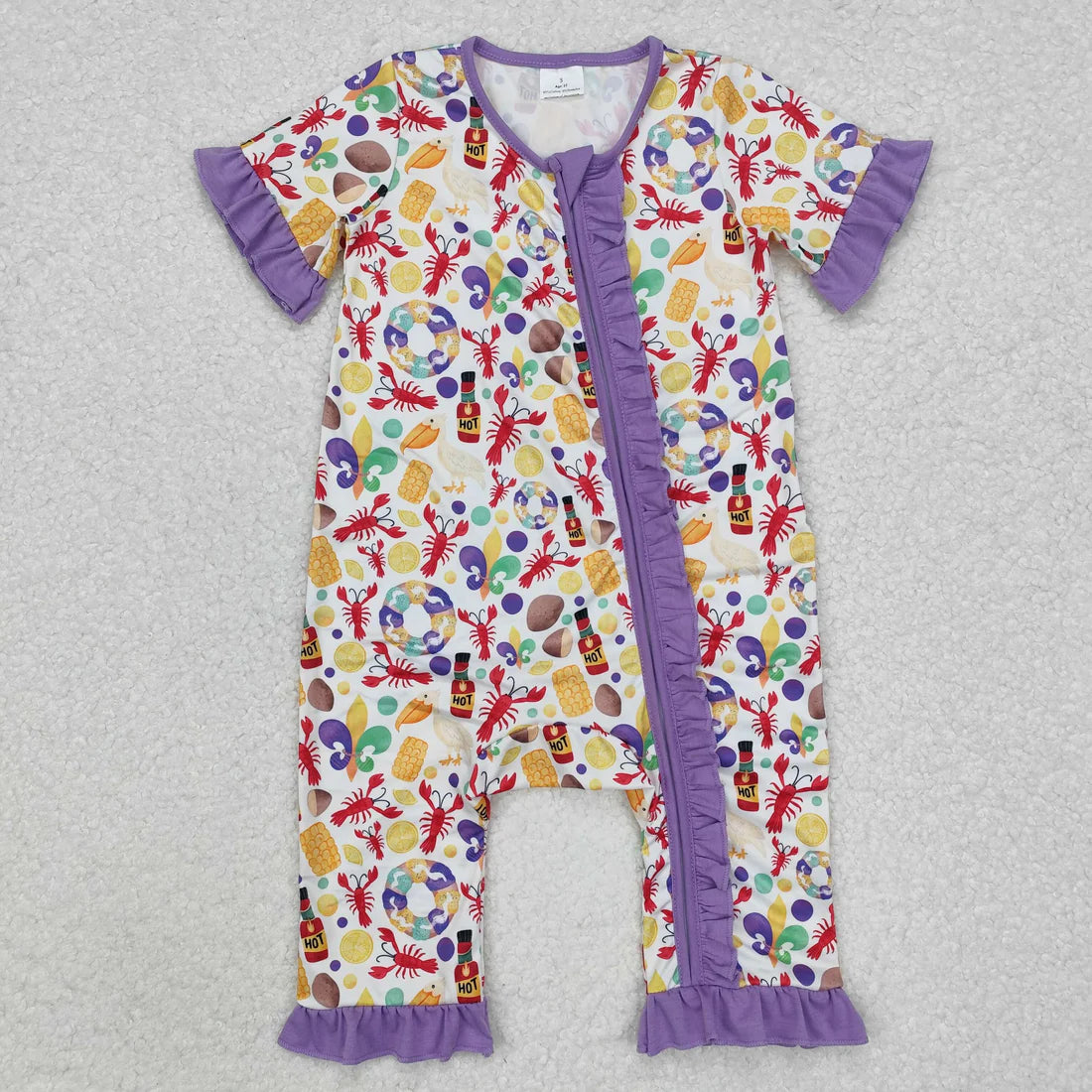 10.22 RTS Sibling Baby Boys Girls Short Sleeves Mardigras Zipper Footie Rompers