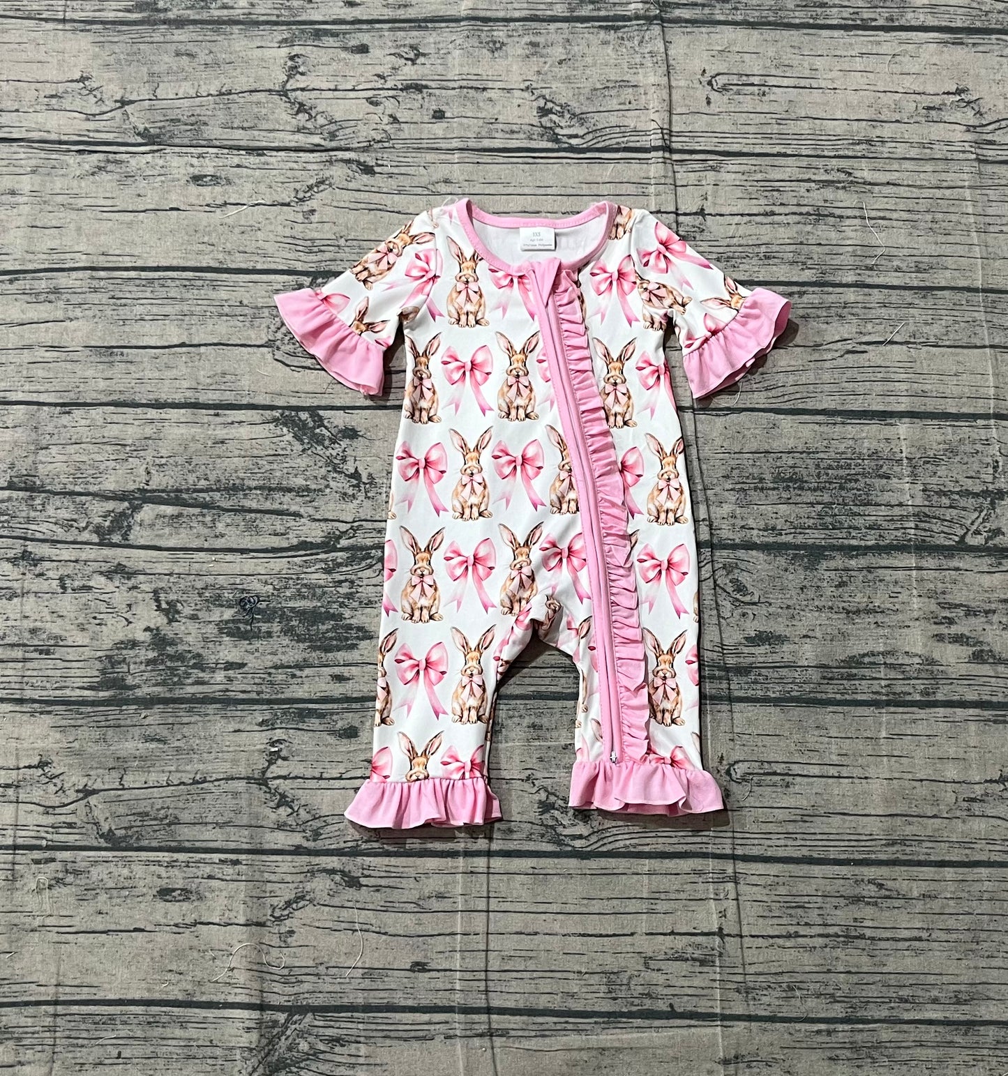 1.16 SR2020 Sample No Moq Baby Infant Girls Easter Bunny Pink Bows Zip Rompers
