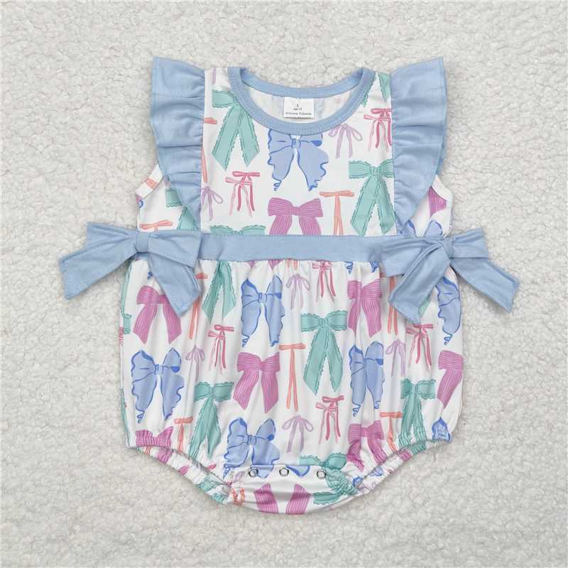 4.08 SR2027 RTS NO MOQ Flutter sleeves colorful bows baby girls romper