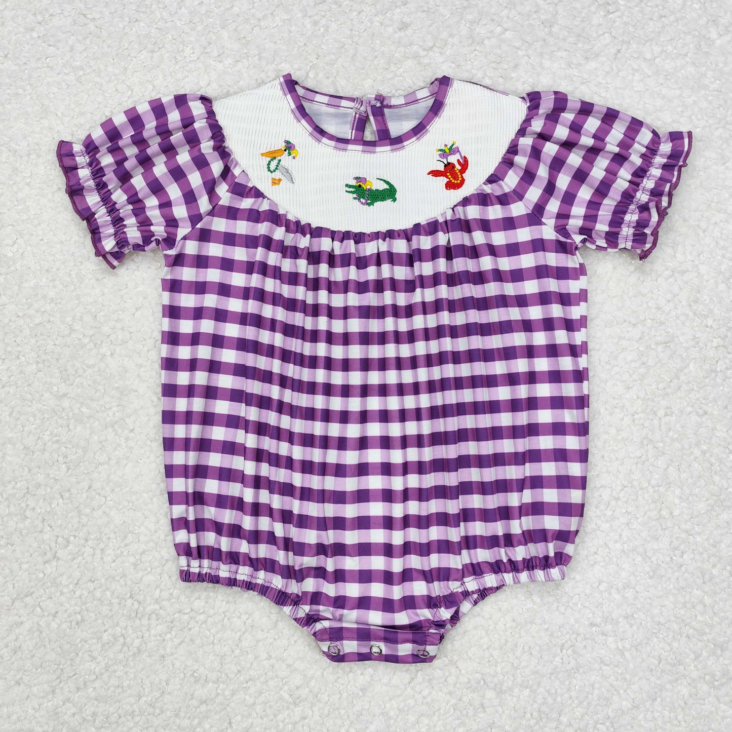 SR2060 Purple embroidery plaid pelican alligator crawfish girls mardi gras romper
