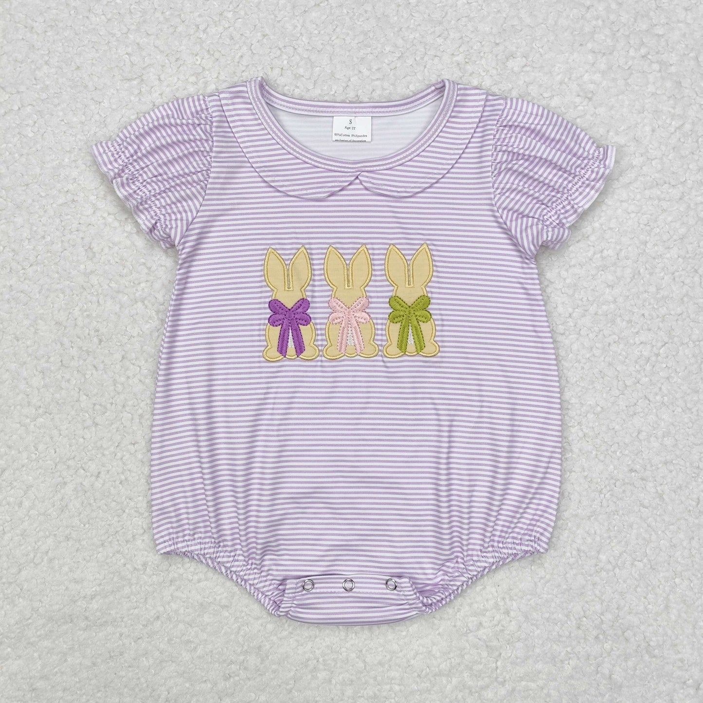 SR2074 Embroidery Lavender stripe flutter sleeves bunny baby girls Easter romper