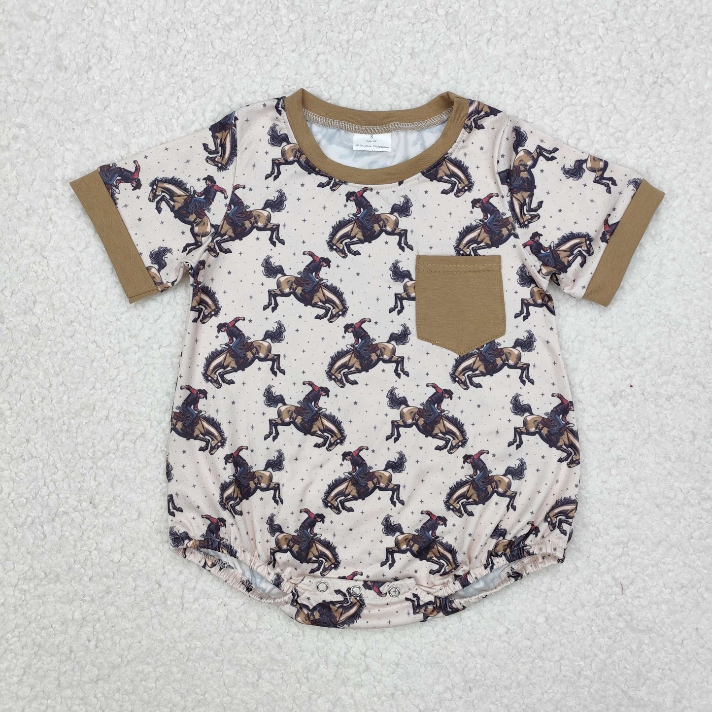 SR2085Short sleeves pocket horse rodeo western baby romper
