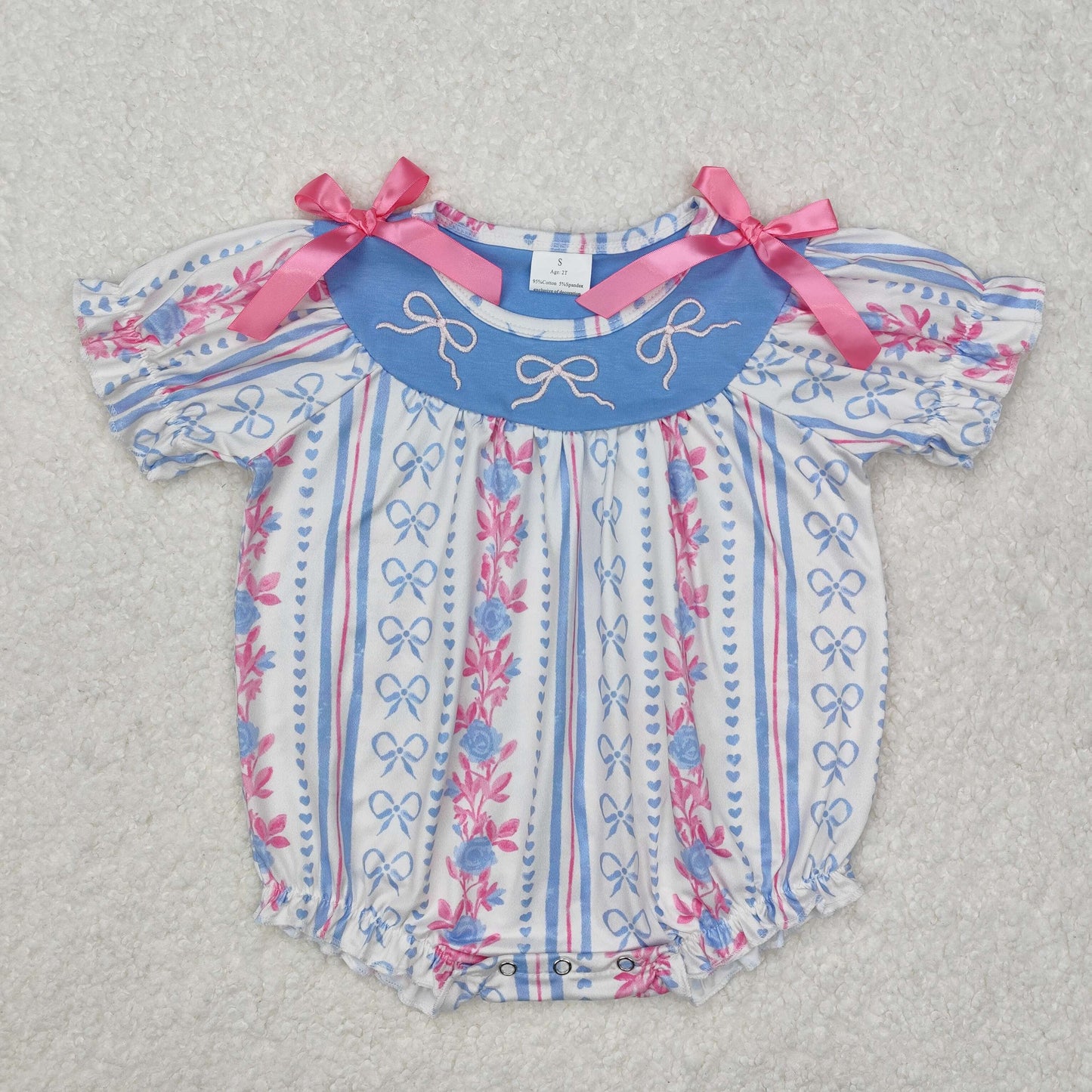 SR2131Short sleeves stripe light blue bow floral baby girls romper