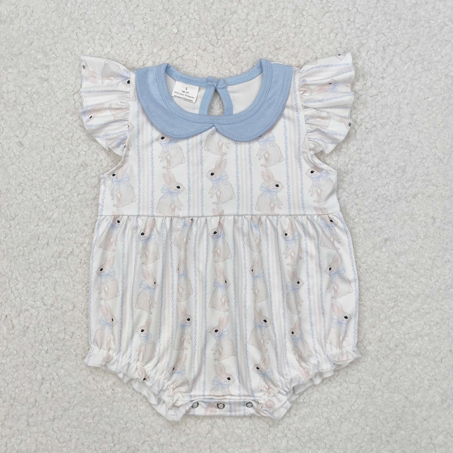 SR2132Flutter sleeves light blue bow baby girls Easter romper