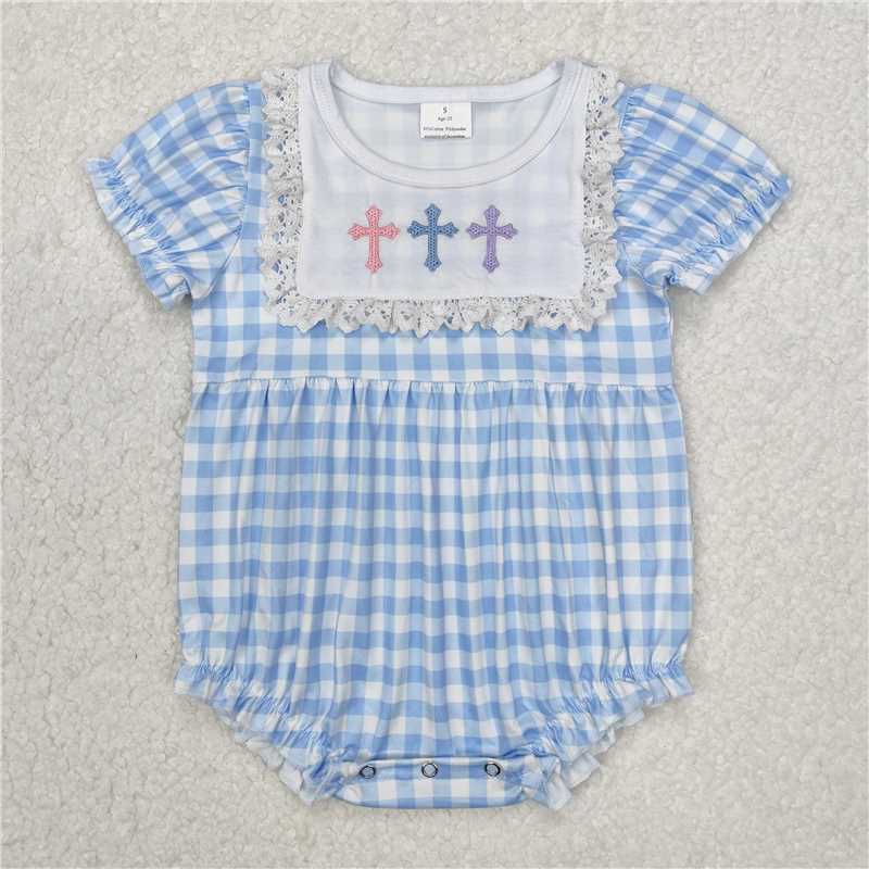 6.16 RTS NO MOQ Light blue plaid cross baby girls Easter dresses rompers