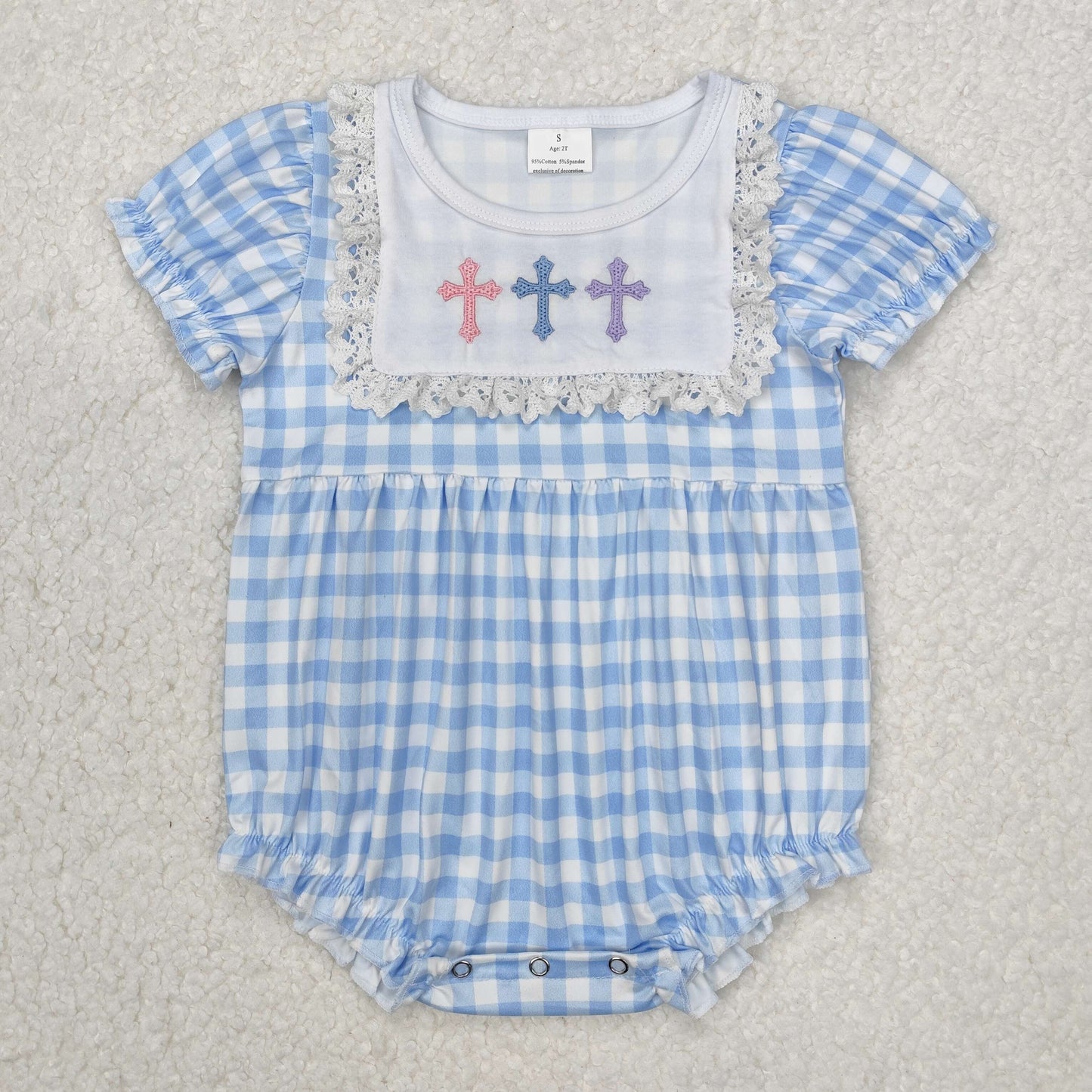 SR2133Light Blue Plaid Short Sleeve Cross Baby Girls Easter Romper Spring Casual Outfit for Infants