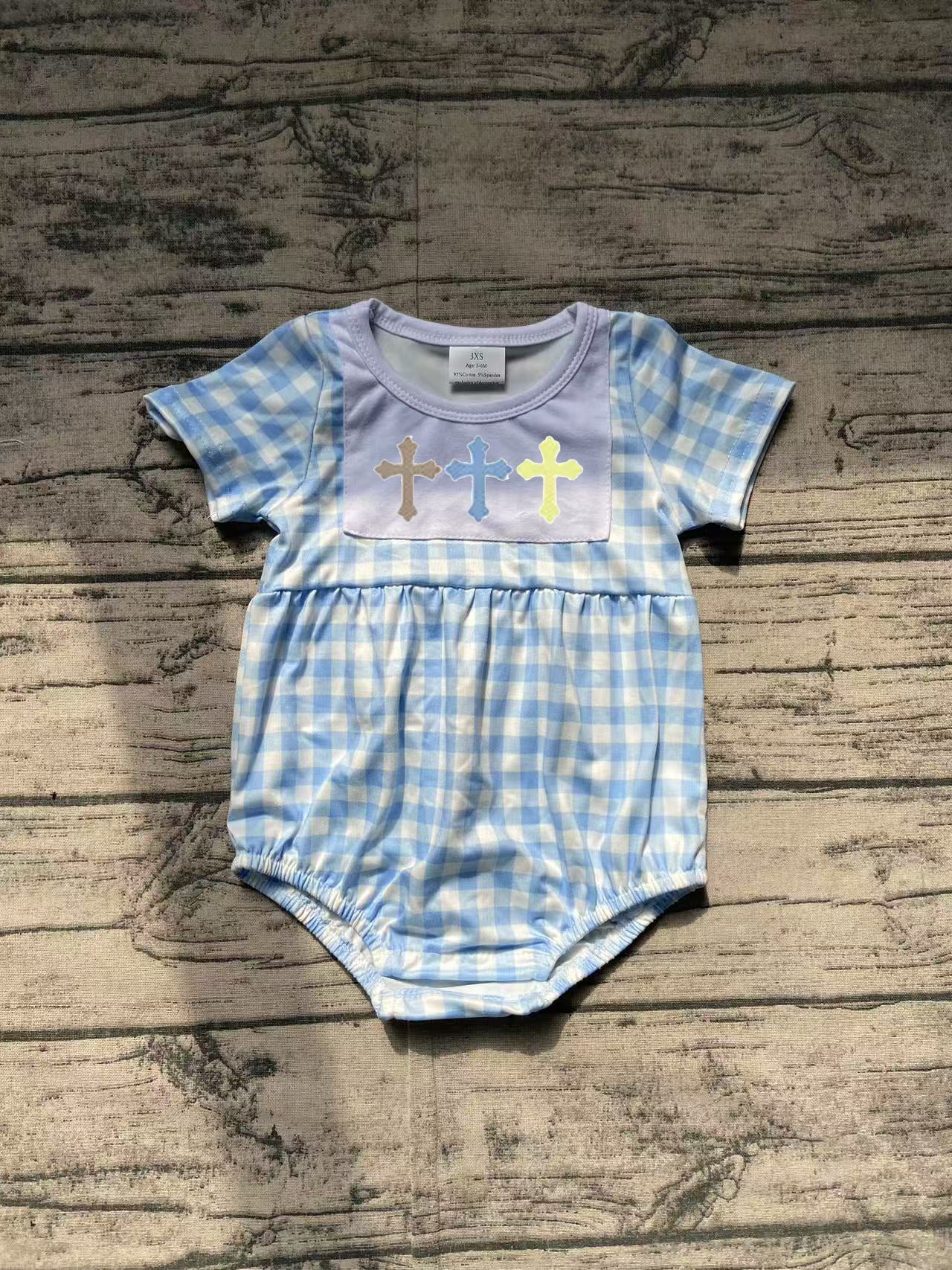 SR2134Light Blue Plaid Short Sleeve Cross Baby Boys Easter Romper Spring Casual Outfit for Infants
