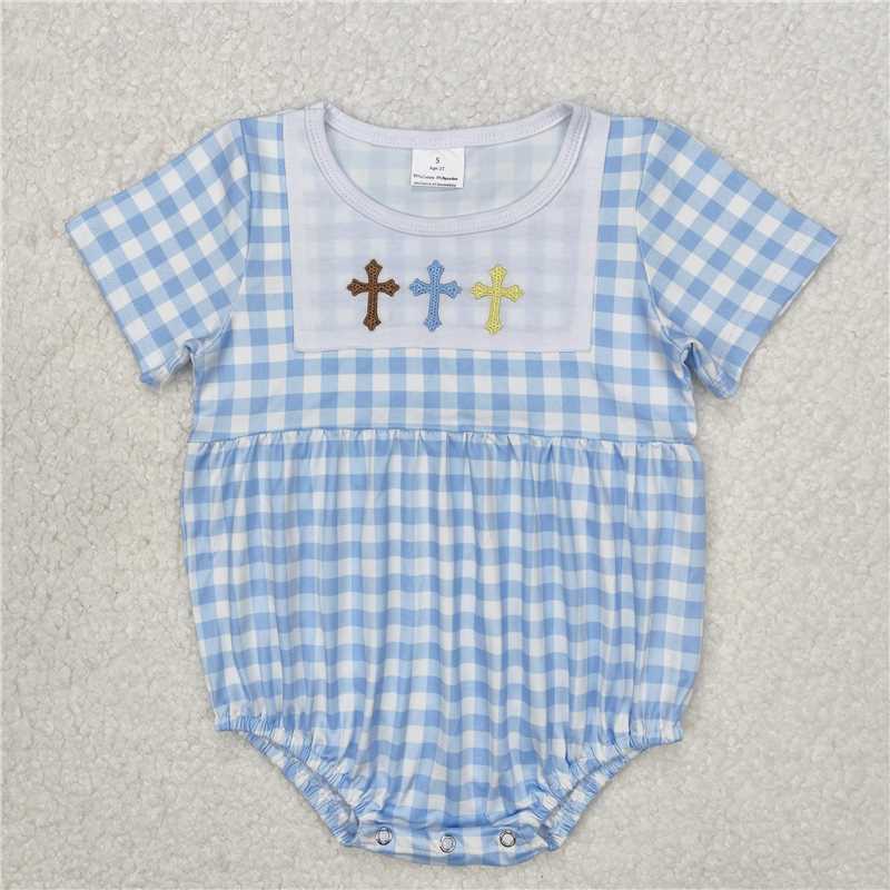 6.16 RTS NO MOQ Light blue plaid cross baby girls Easter dresses rompers
