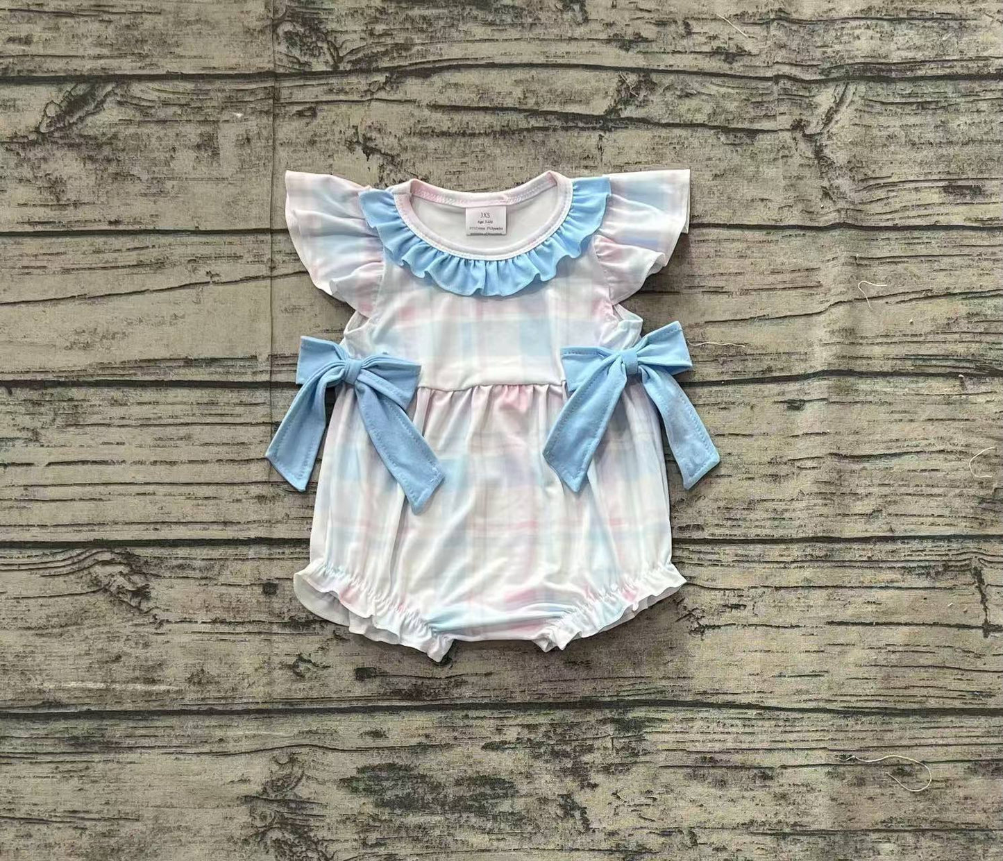 SR2139Pink light blue plaid flutter sleeves baby girls romper
