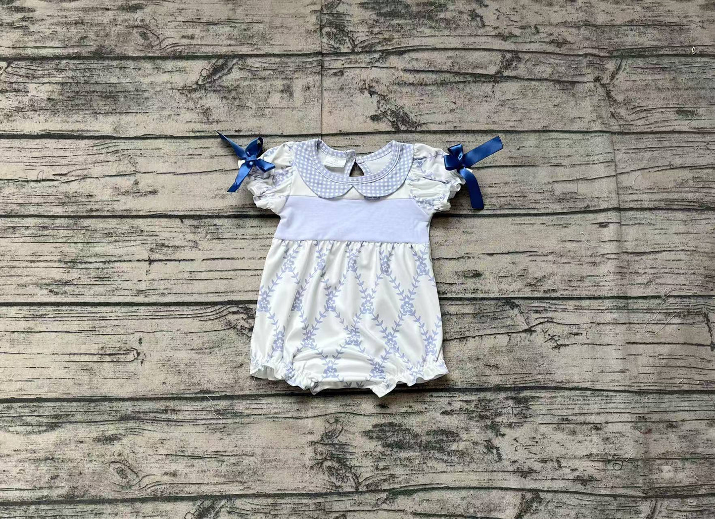 SR2146 pre-order baby girls clothes embroidery bow blue short sleeve Romper