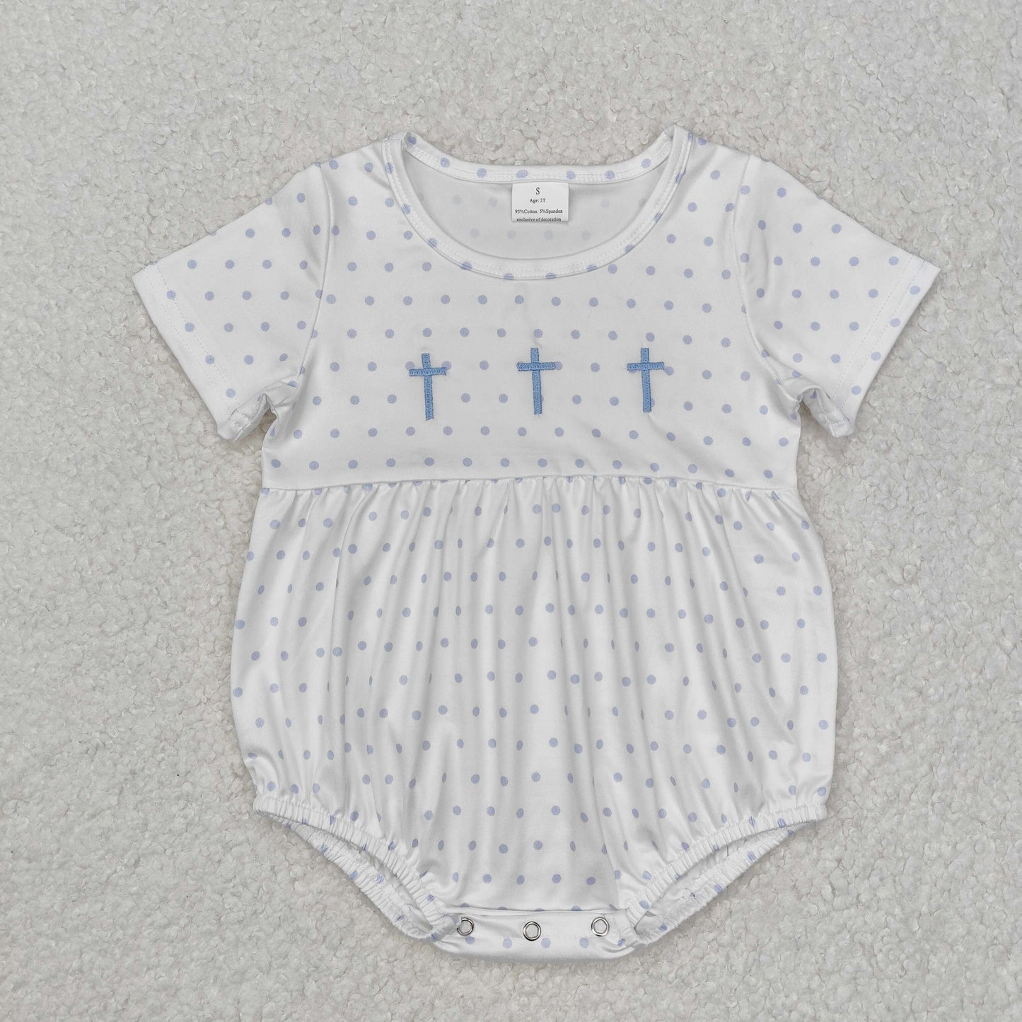 SR2147Light blue polka dots cross baby boy Easter romper