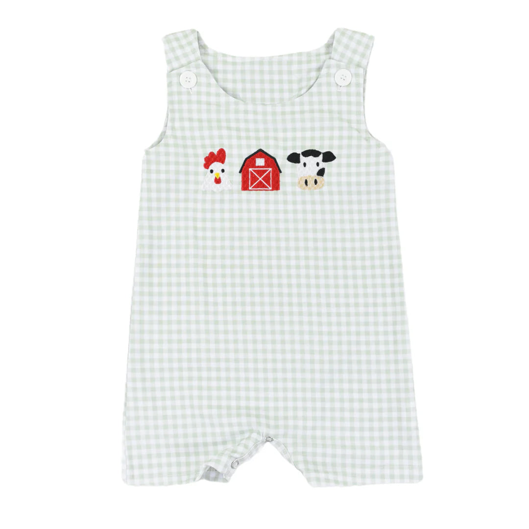 SR2183 Baby Infant Boys Green Checkered Farm Chicken Cow Rompers preorder