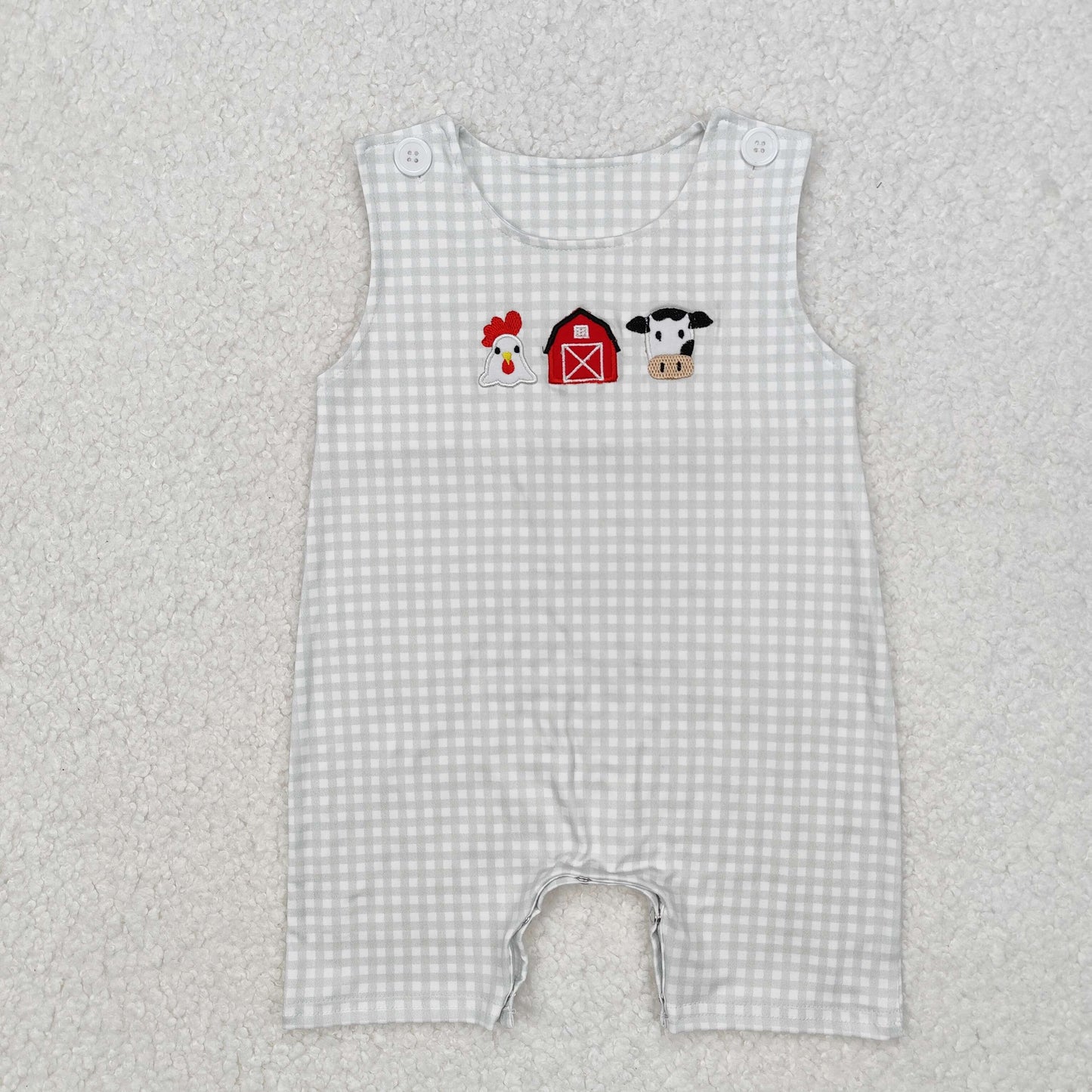 SR2183Plaid sleeveless chicken cow farm baby boy romper