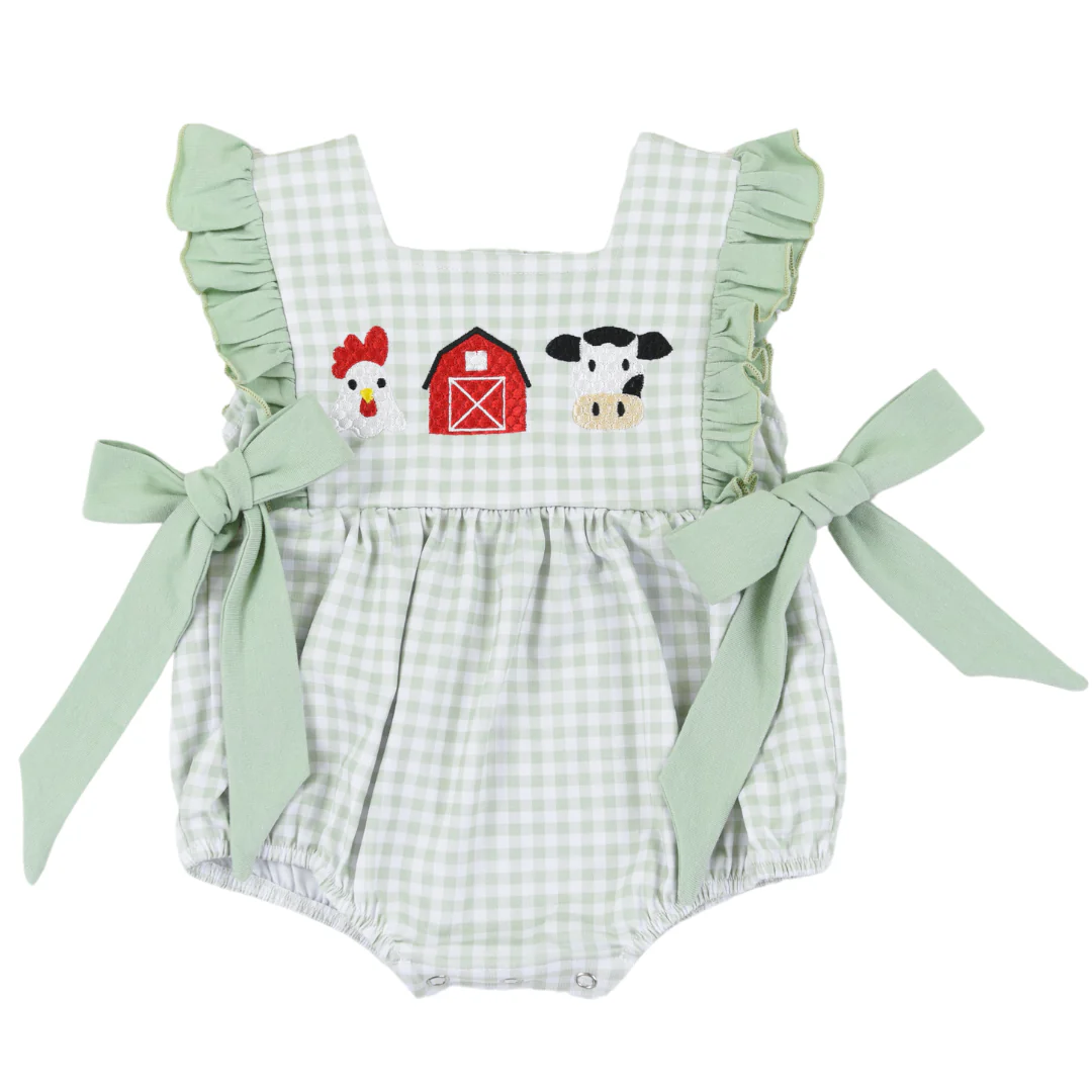 SR2184 Baby Infant Girls Green Checkered Farm Chicken Cow Bows Rompers preorder