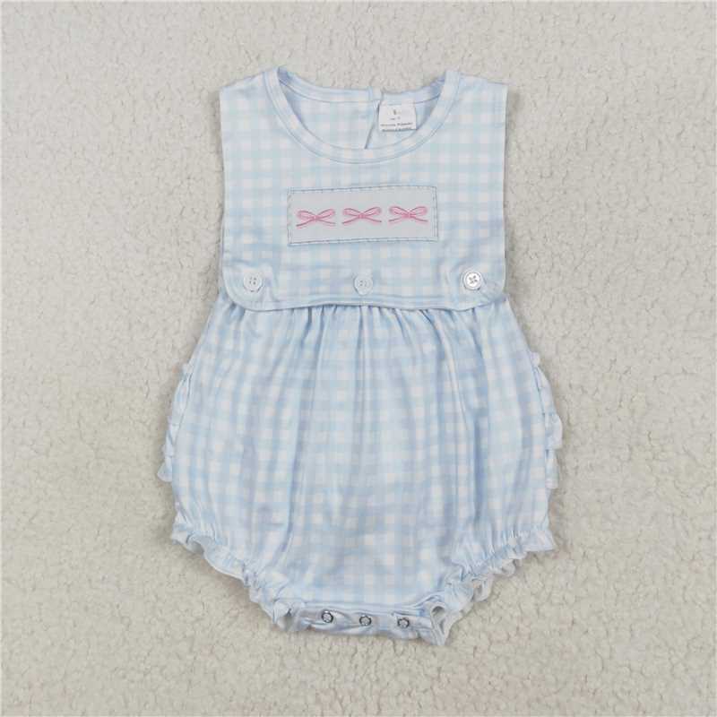 4.17 SR2203 RTS NO MOQ Sleeveless bow embroidery plaid ruffle baby girls romper