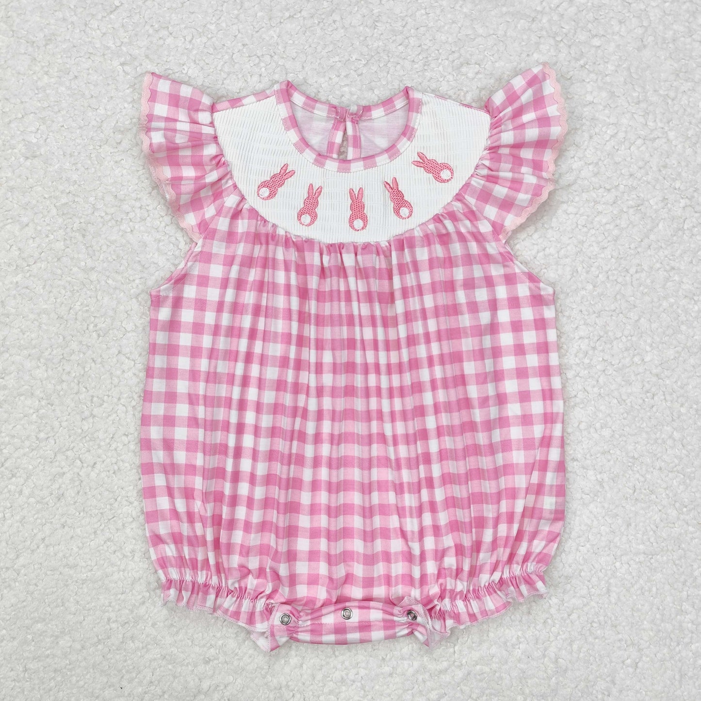 SR2215Pink plaid bunny smocked baby girls Easter romper