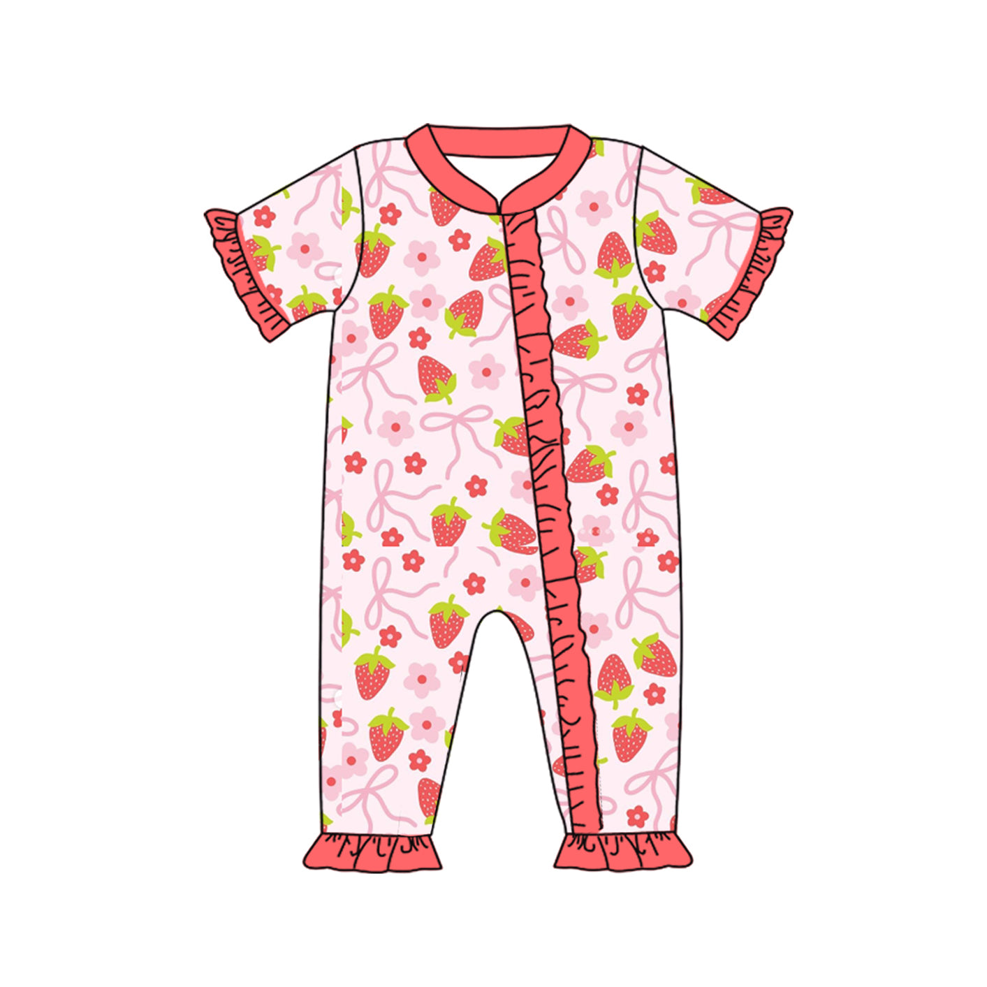 Baby Girls Red Bow Strawberry Ruffle Knee Length Dress - Short Sleeve Long Pants Set - Romper Mixed Sizes Pre-Order