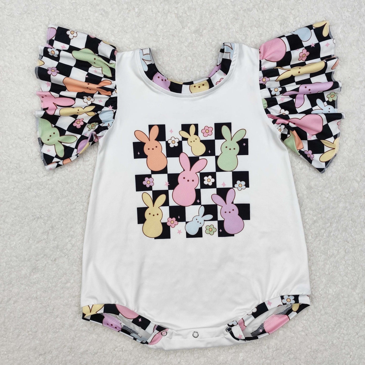 SR2227Short sleeves plaid floral bunny baby girls Easter romper