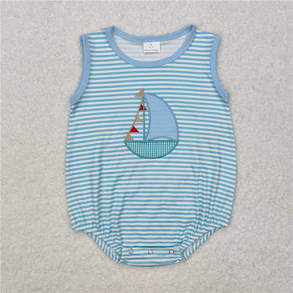 SR2276 RTS NO MOQ Sleeveless stripe boat baby boy summer romper