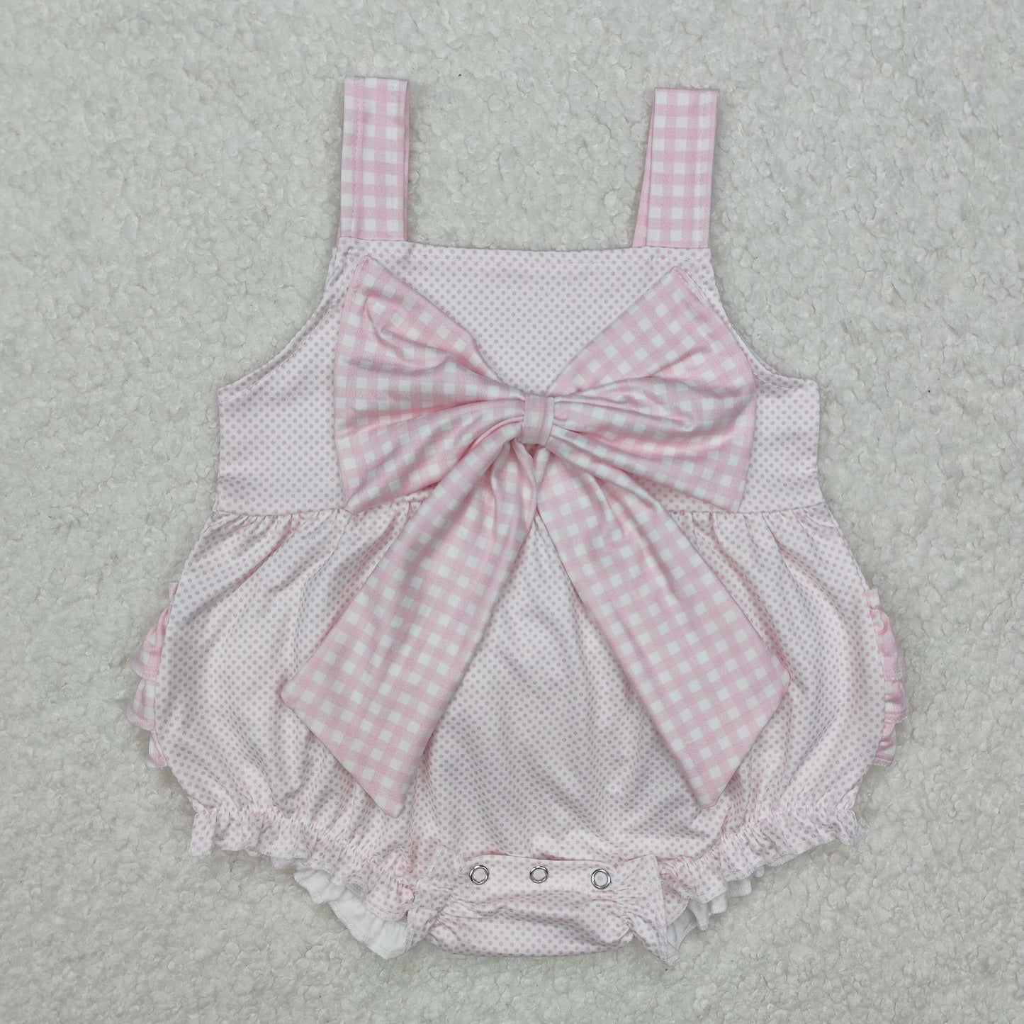 SR2280 Pink plaid bow polka dots baby girls ruffle romper