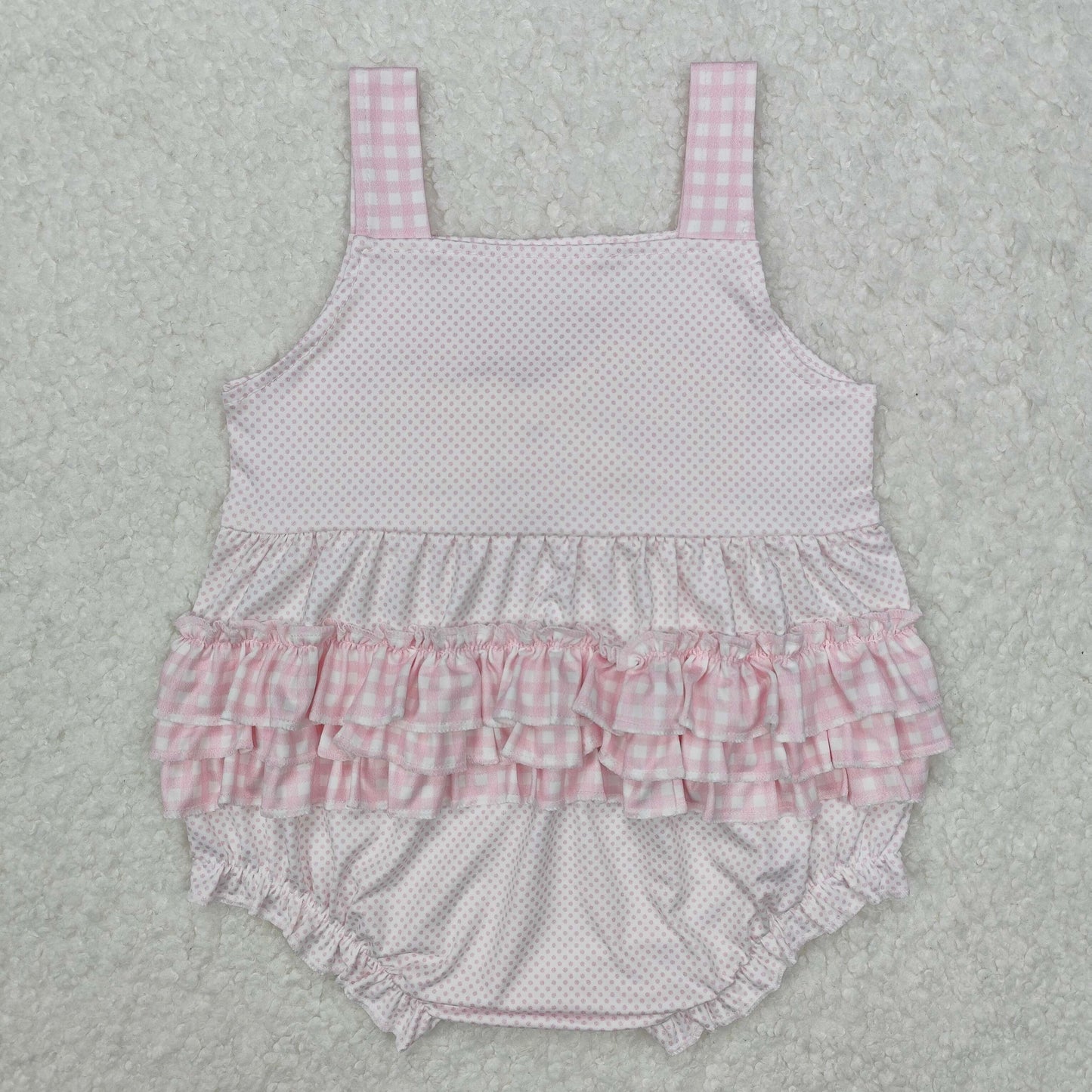 SR2280 Pink plaid bow polka dots baby girls ruffle romper