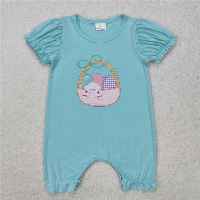 4.26 RTS NO MOQ Baby Boys Easter Romper Short Sleeves Rabbit Eggs Basket Theme Outfit Spring Summer Clothes for Infants