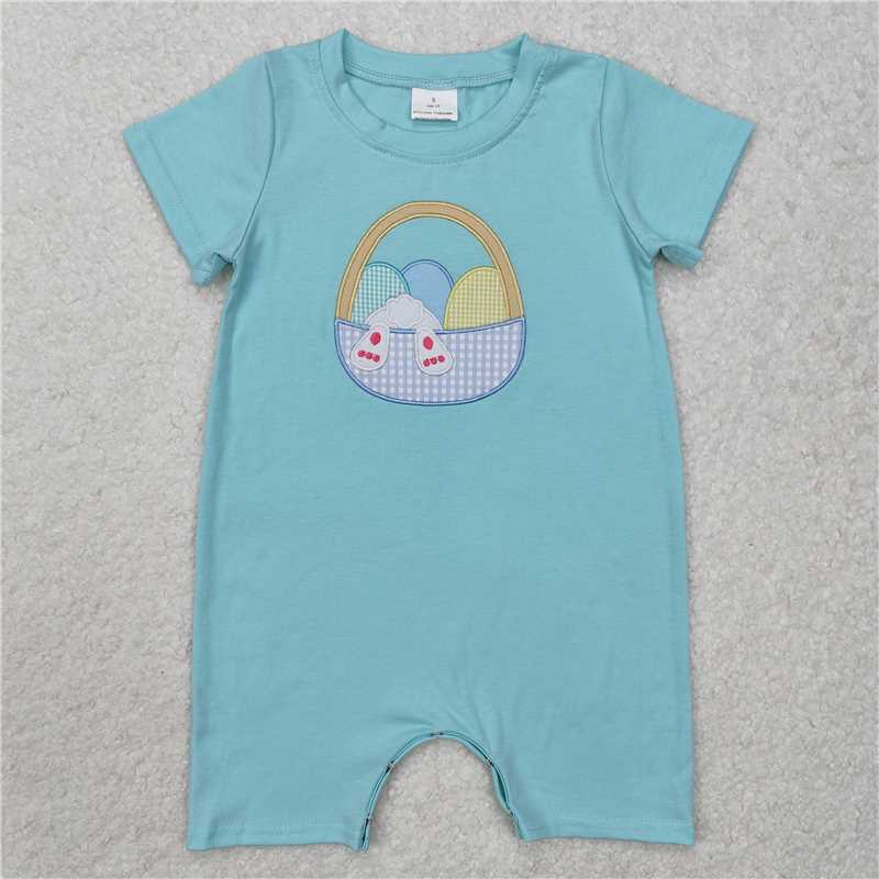 4.26 RTS NO MOQ Baby Boys Easter Romper Short Sleeves Rabbit Eggs Basket Theme Outfit Spring Summer Clothes for Infants