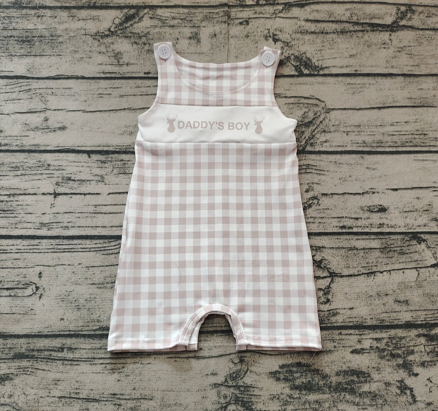 SR2299Khaki plaid sleeveless daddy's boy deer baby romper