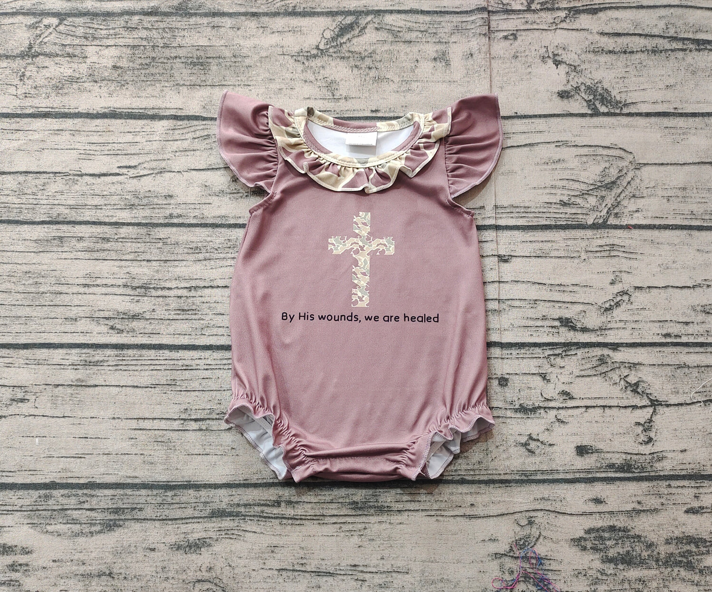 SR2310Flutter sleeves camo cross baby girls Easter romper