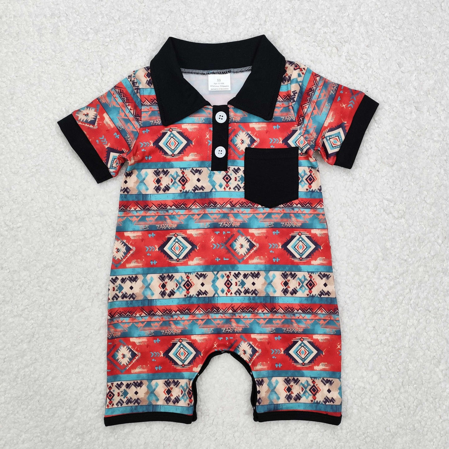 SR2320Short sleeves black pocket aztec western baby polo romper