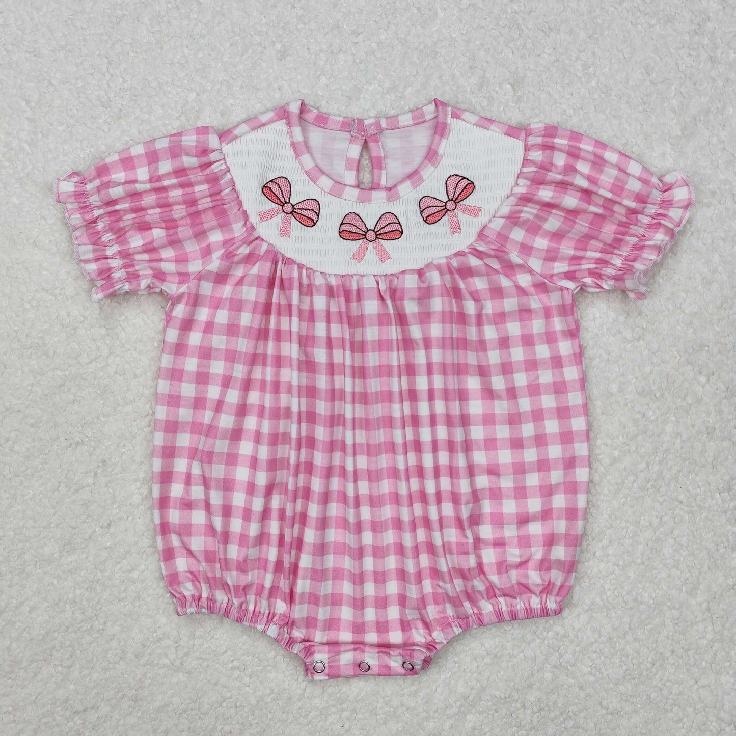 SR2325Short sleeves pink bow baby girls summer romper