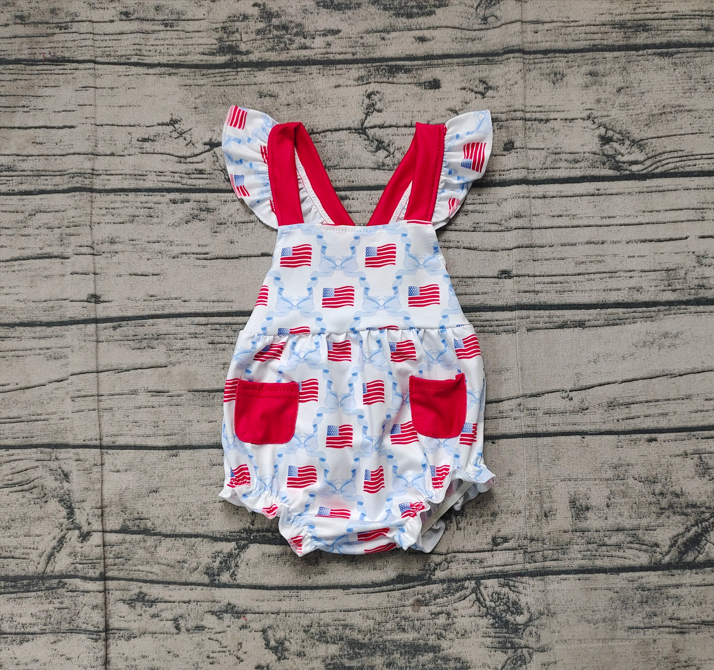 SR2331Baby Girls' 4th of July Romper with Flutter Sleeves And Bow Flag Design Red White And Blue Patriotic Outfit for Infants