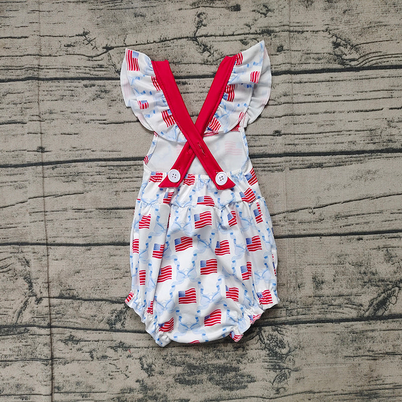 SR2331Baby Girls' 4th of July Romper with Flutter Sleeves And Bow Flag Design Red White And Blue Patriotic Outfit for Infants