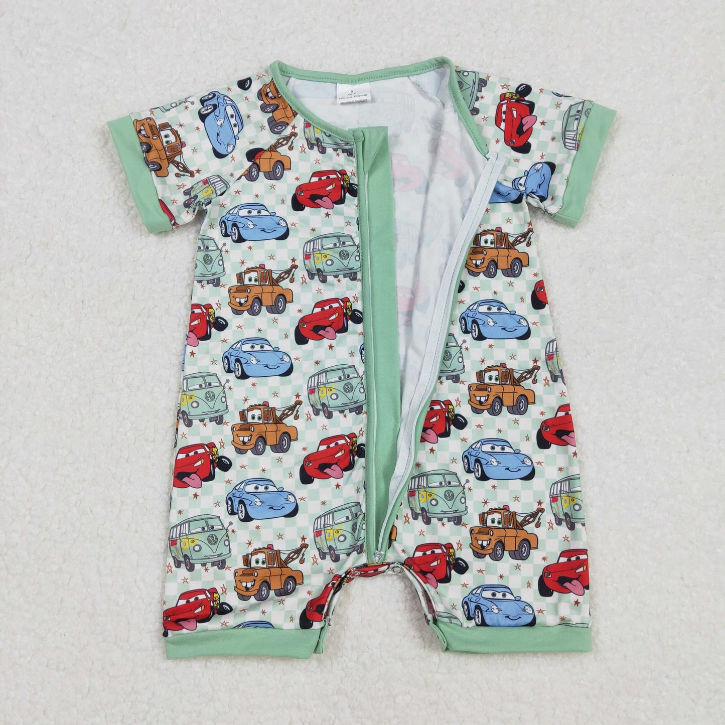 SR2373Plaid Cars Baby Kids Zipper Romper Short Sleeves Comfortable Clothing for Infants