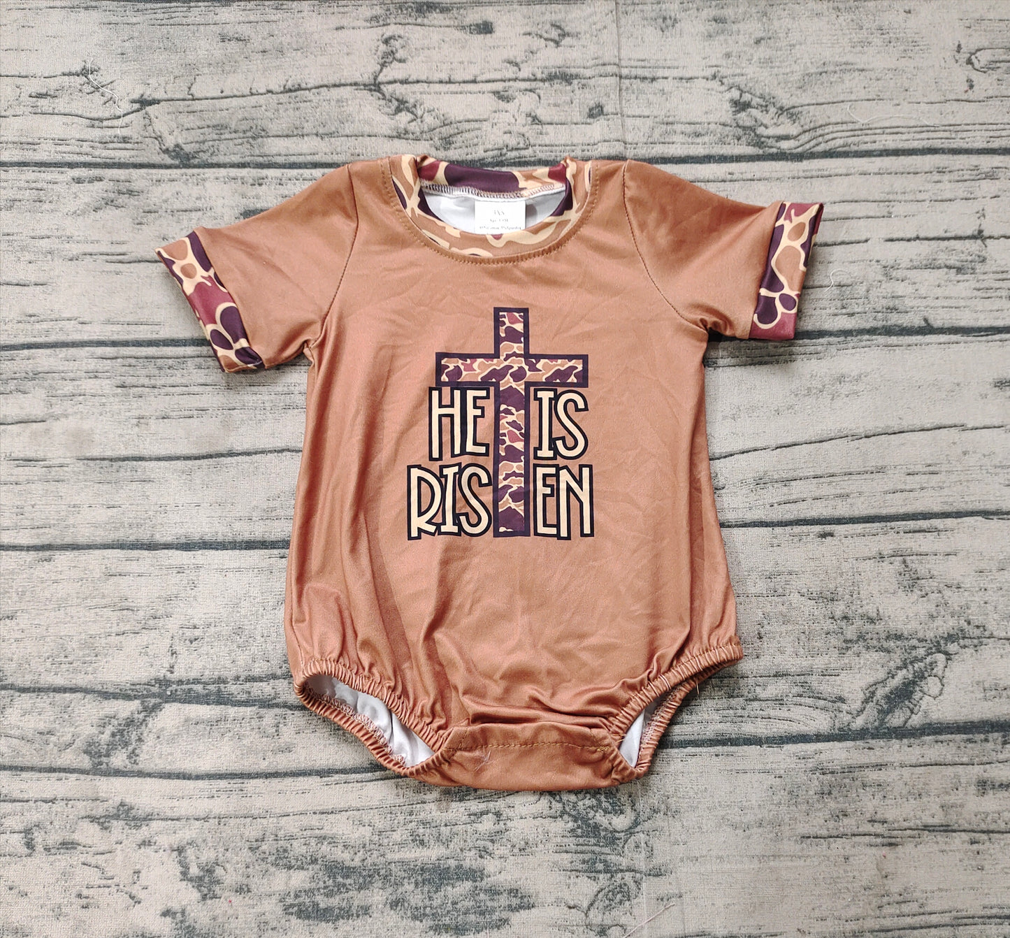 SR2374Baby Boy Camo Easter Romper Short Sleeves 'He Is Risen' Print Spring Outfit for Infants