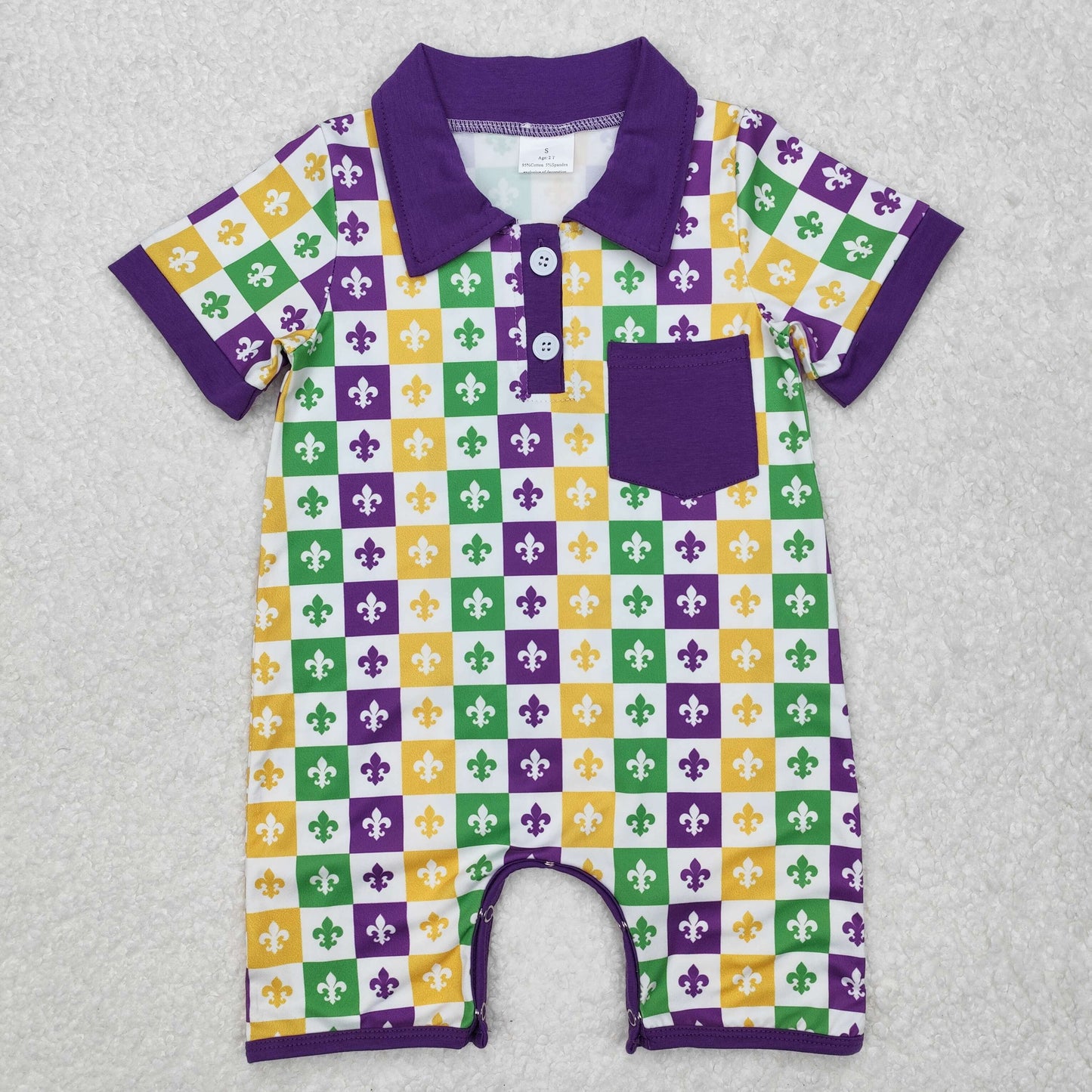 SR2385Purple short sleeves pocket baby boy Mardi Gras polo romper