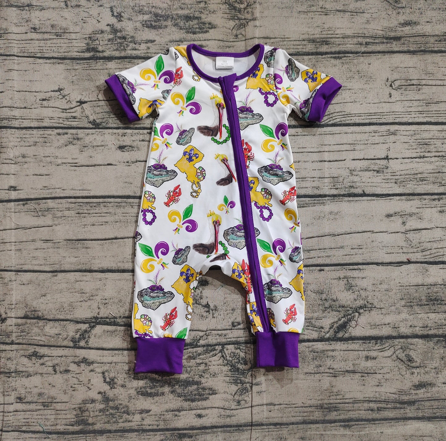 SR2394Purple short sleeves pelican baby girls Mardi Gras zipper romper