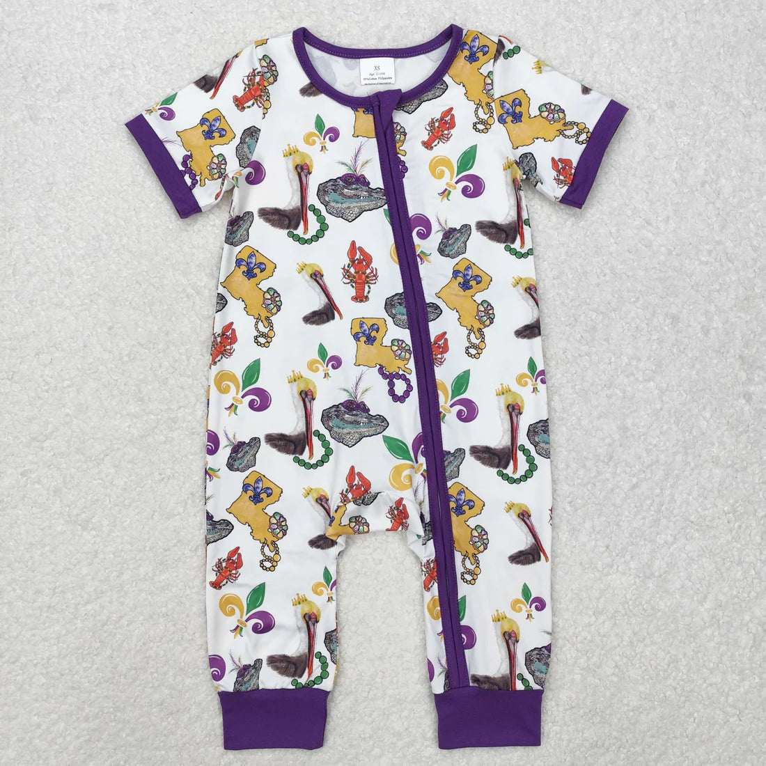 10.22 RTS Sibling Baby Boys Girls Short Sleeves Mardigras Zipper Footie Rompers