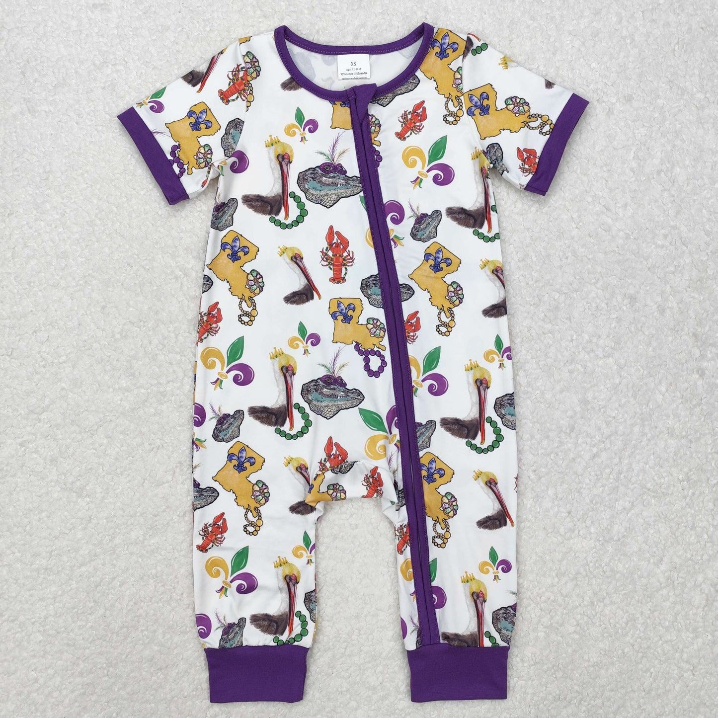 SR2394Purple short sleeves pelican baby girls Mardi Gras zipper romper