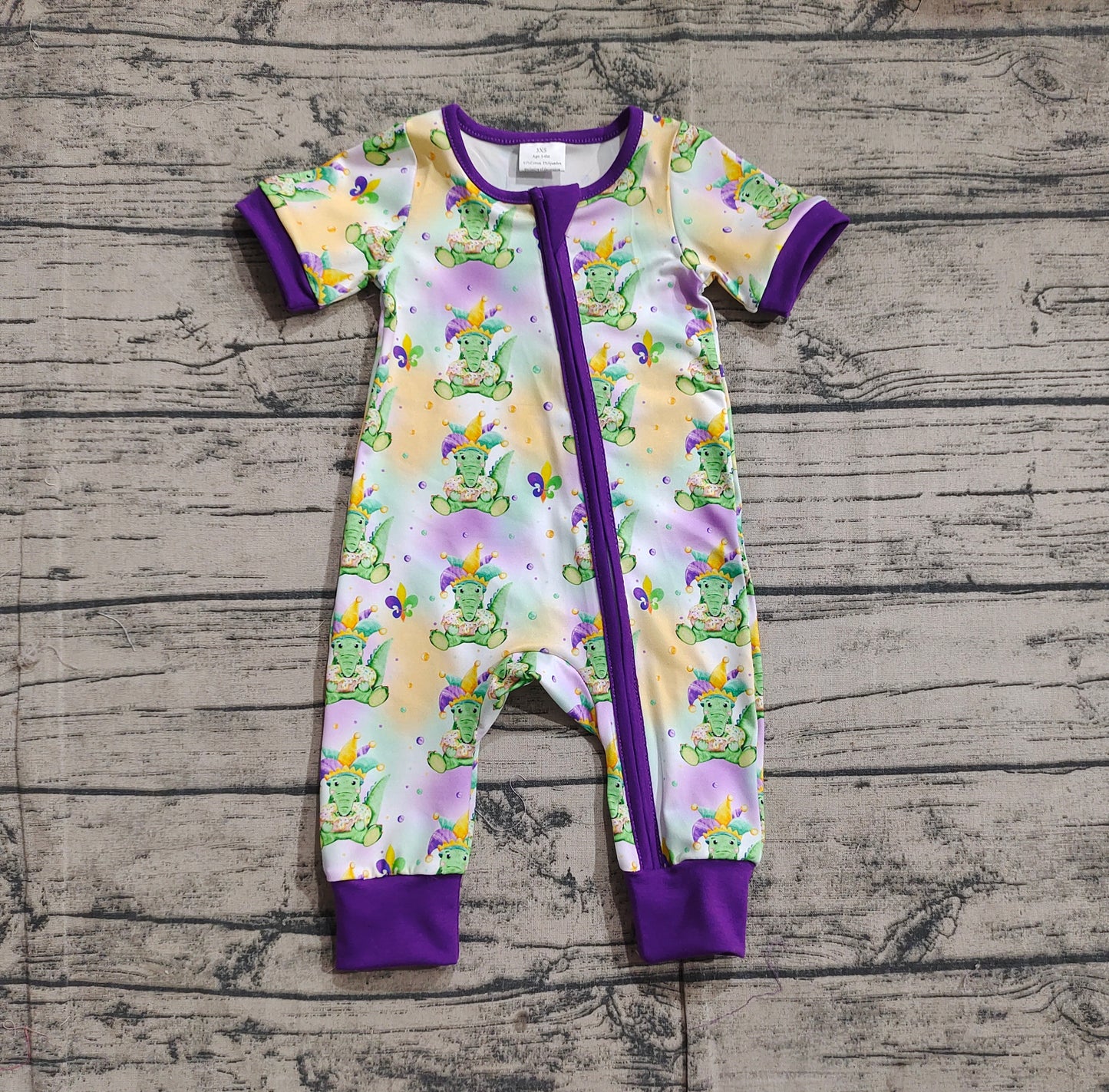 SR2398Short sleeves alligator baby kids Mardi Gras zipper romper