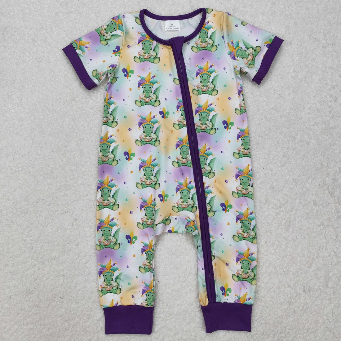 10.22 RTS Sibling Baby Boys Girls Short Sleeves Mardigras Zipper Footie Rompers