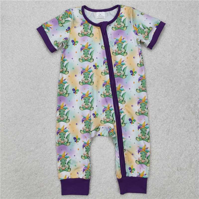 4.22 RTS NO MOQ Blue Easter Zip Romper Short Sleeves for Baby Boys with Rabbit And Eggs Design Baby Outfit for Spring