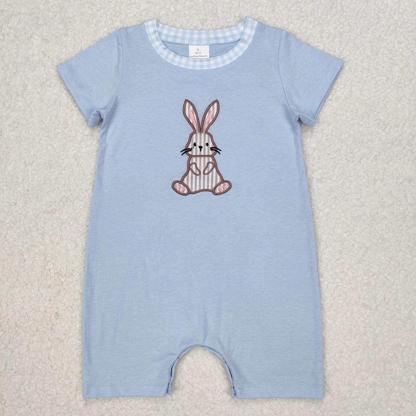 SR2404Light Blue Bunny Baby Boys Easter Romper Short Sleeves Cute Baby Outfit for Spring