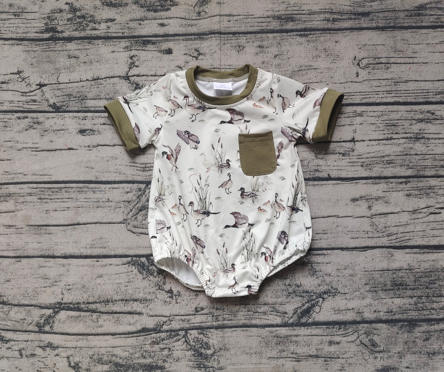 SR2413Baby Boy Summer Romper Olive Pocket Duck Design Comfortable Lightweight Clothes for Infants