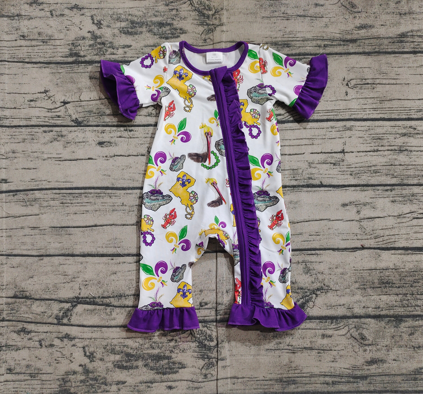 SR2422Purple ruffle pelican baby Mardi Gras zipper romper