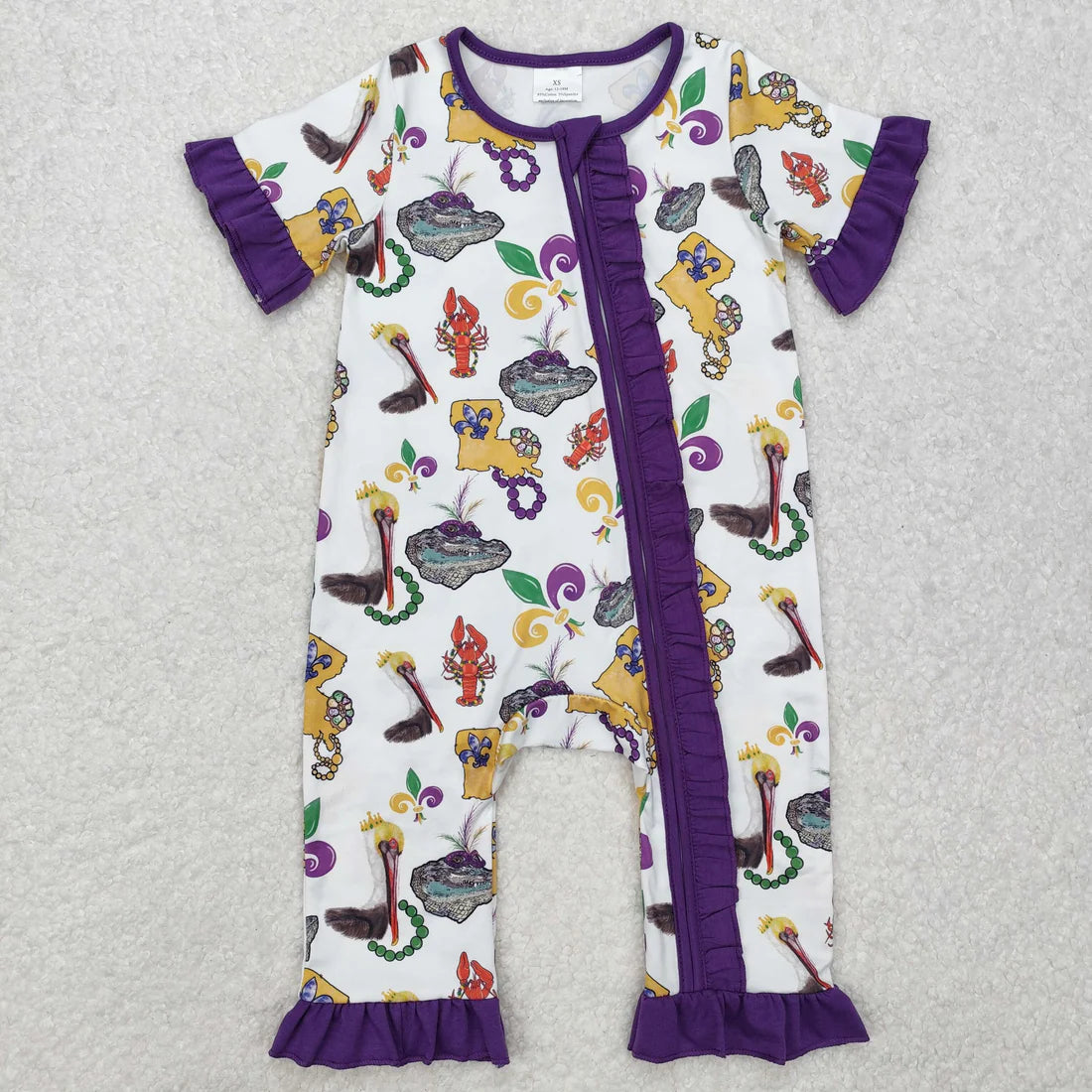 10.22 RTS Sibling Baby Boys Girls Short Sleeves Mardigras Zipper Footie Rompers