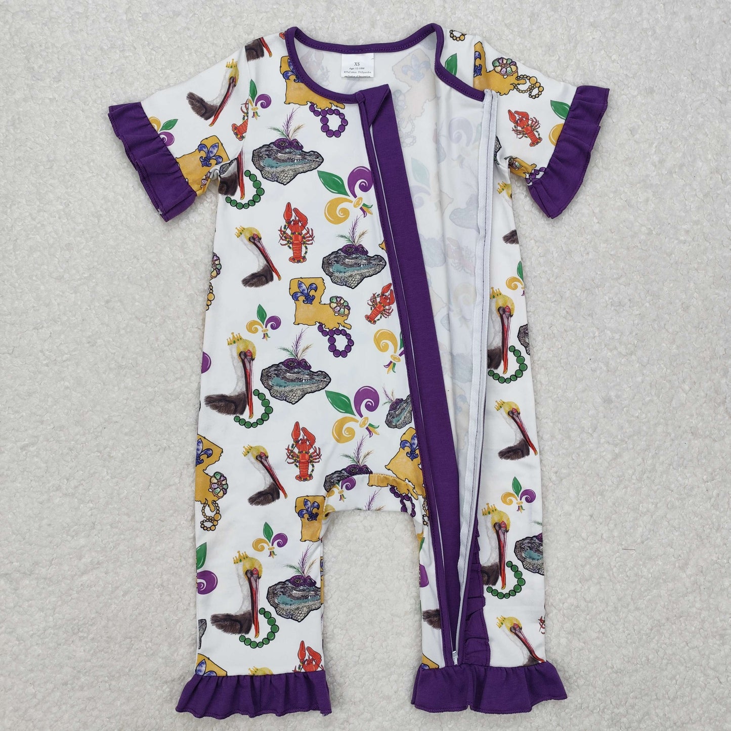 SR2422Purple ruffle pelican baby Mardi Gras zipper romper
