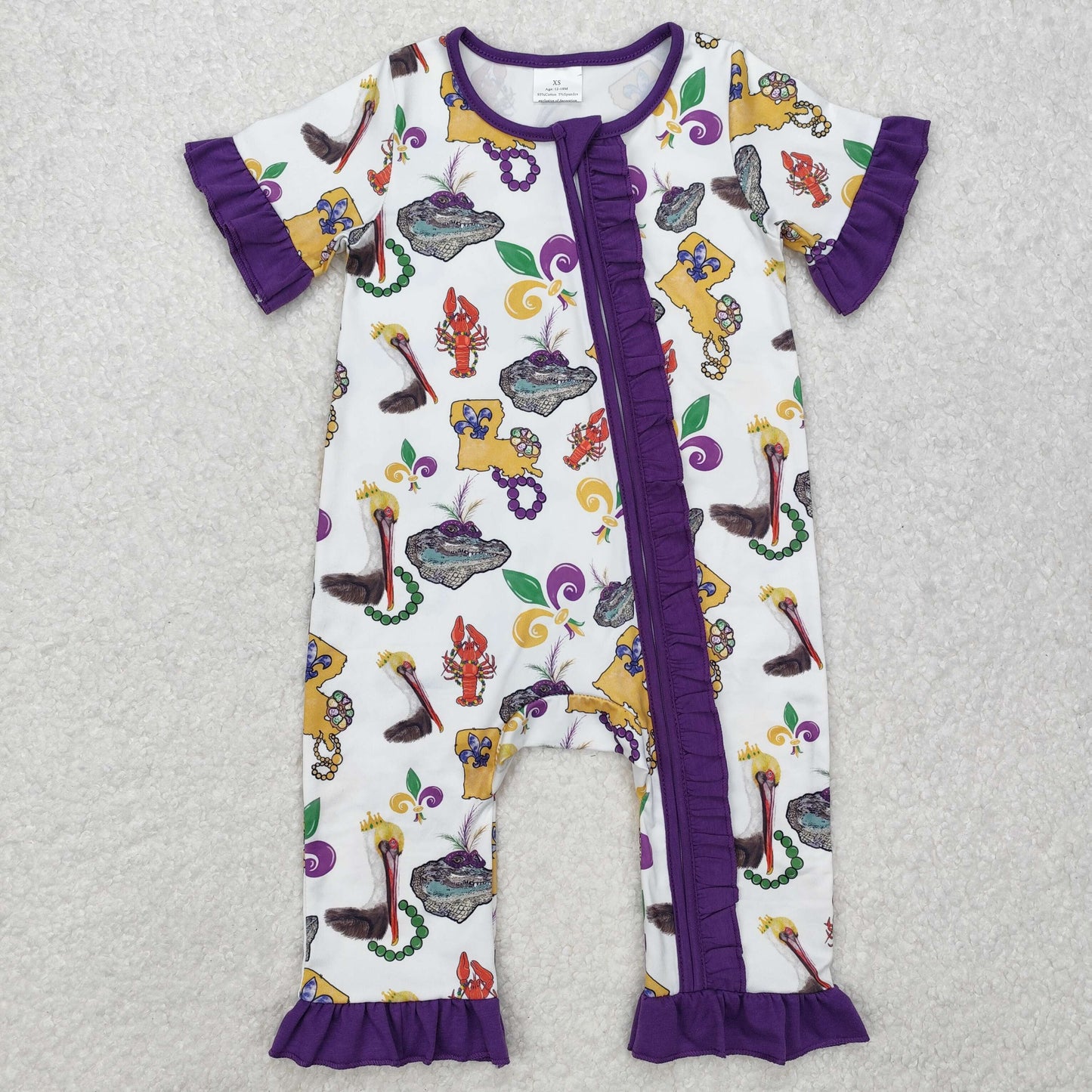 SR2422Purple ruffle pelican baby Mardi Gras zipper romper