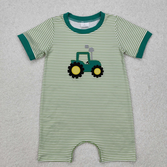 USA Shop (in stock)SR2431RTS NO MOQ Baby Boys Summer Rompers Short sleeves green stripe tractor baby boy romper
